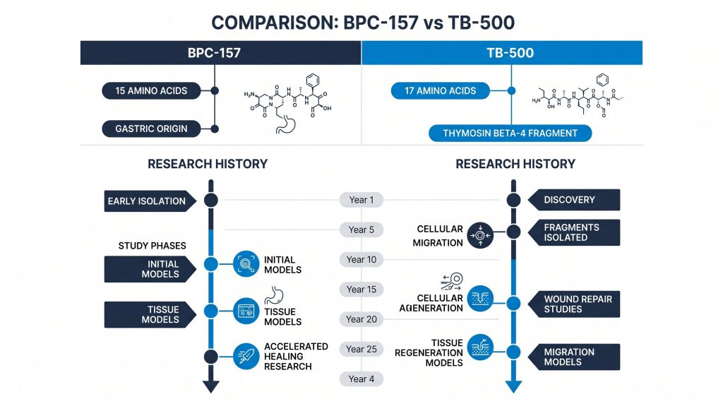 BPC-157 vs TB-500 research peptide comparison infographic, Next Level Pharm