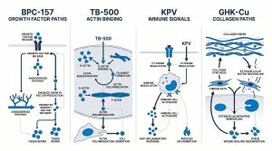 Recovery peptides BPC-157 TB-500 KPV GHK-Cu comparison infographic, Next Level Pharm