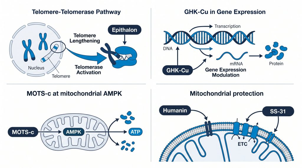Longevity peptides research overview infographic, Next Level Pharm