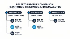 Retatrutide triple receptor agonist research infographic, Next Level Pharm