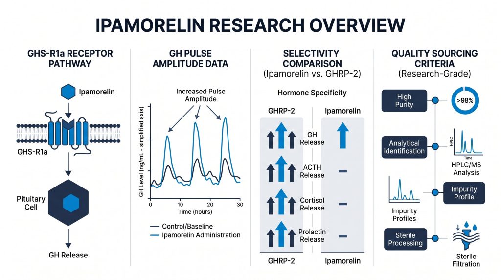 Ipamorelin mechanism of action research infographic, Next Level Pharm