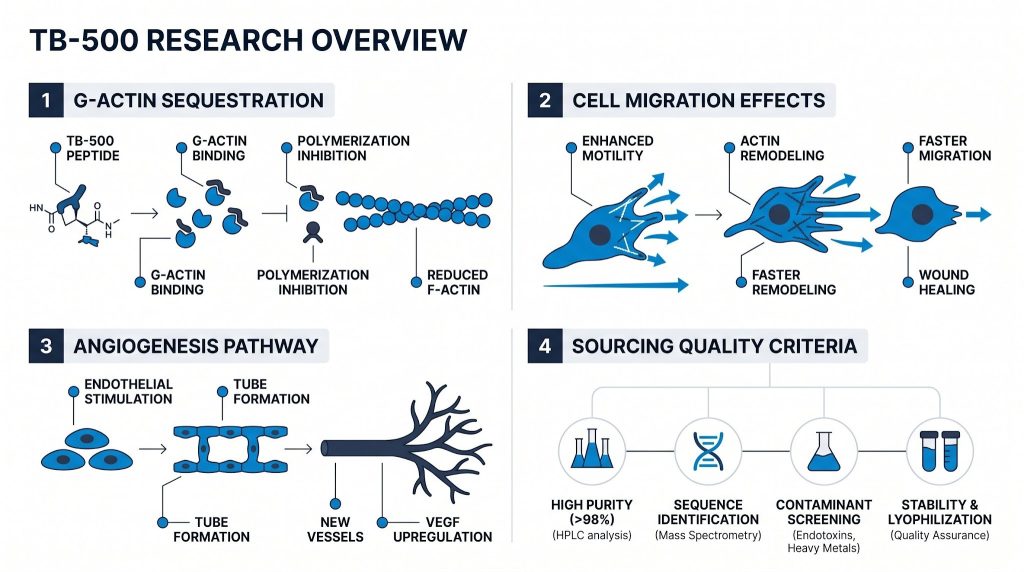 TB-500 mechanism of action actin binding research infographic, Next Level Pharm