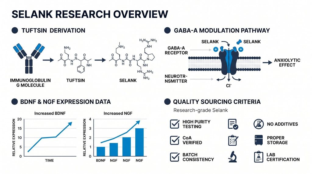 Selank GABA pathway research peptide infographic, Next Level Pharm