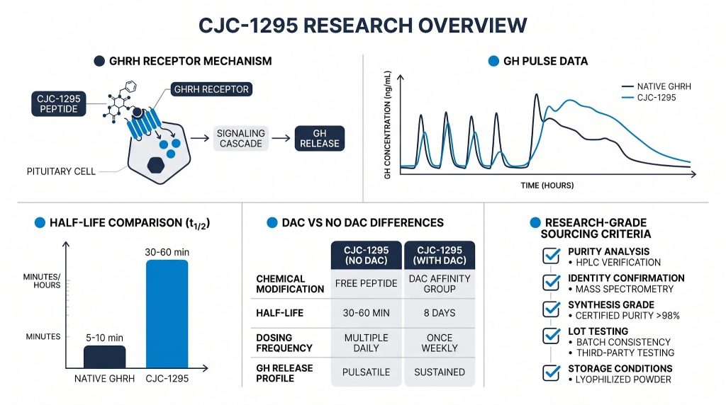 CJC-1295 GHRH analog research peptide infographic, Next Level Pharm
