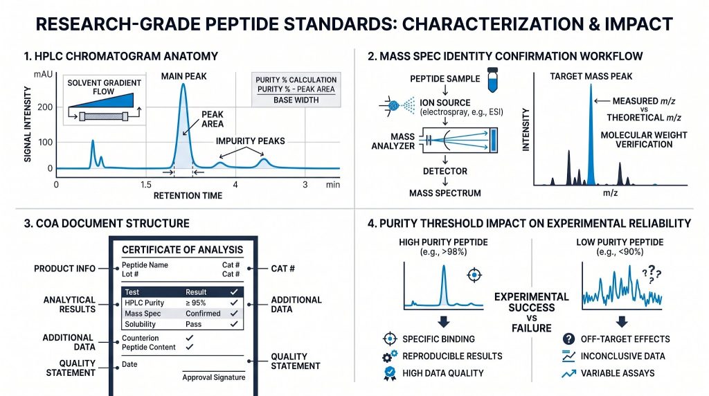 Research-grade peptide standards and testing infographic, Next Level Pharm