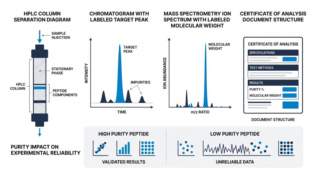 Peptide purity HPLC and mass spec testing infographic, Next Level Pharm