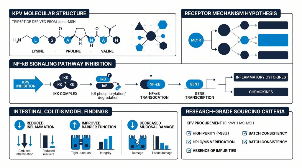 KPV peptide anti-inflammatory pathway research infographic, Next Level Pharm