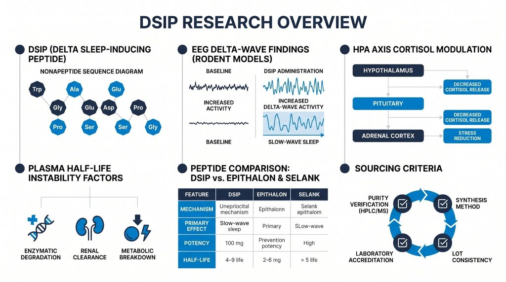 DSIP delta sleep-inducing peptide research infographic, Next Level Pharm