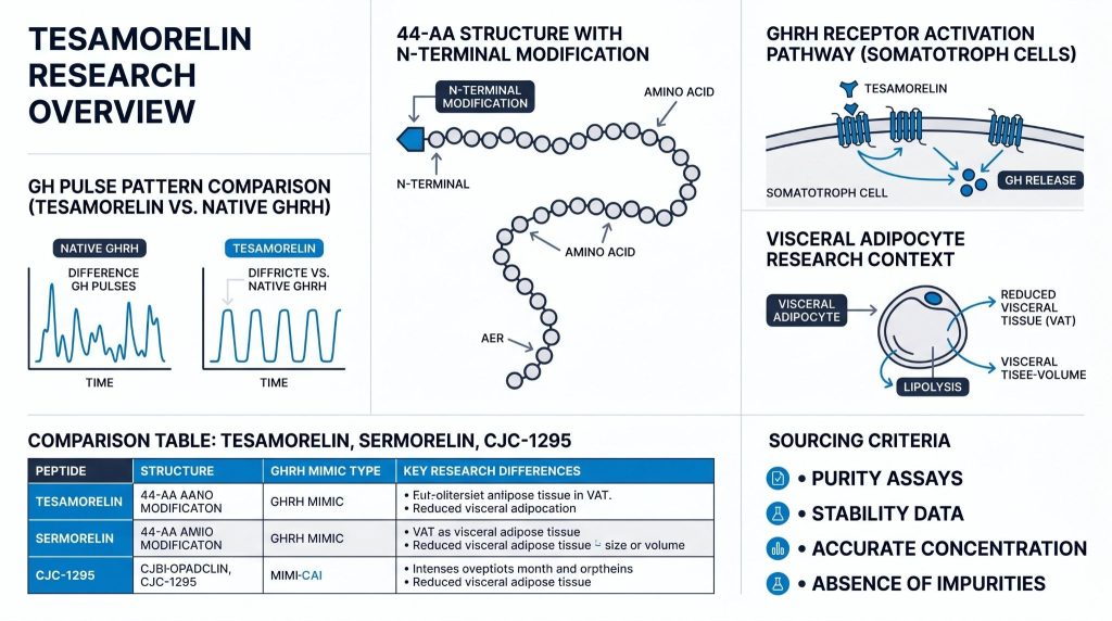 Tesamorelin GHRH analog research peptide infographic, Next Level Pharm
