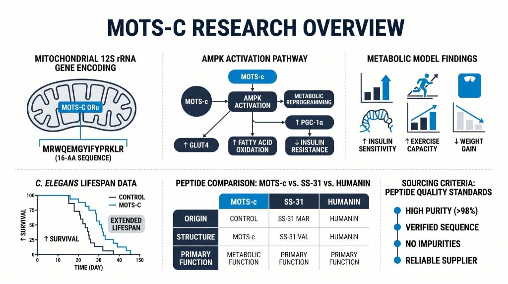 MOTS-c mitochondrial peptide metabolic research infographic, Next Level Pharm