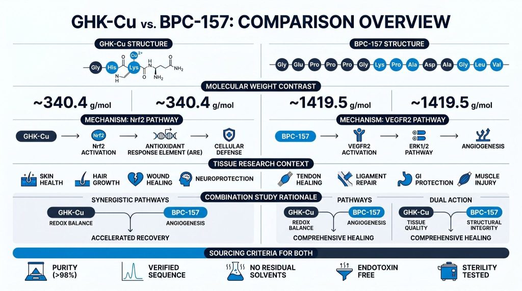 GHK-Cu vs BPC-157 research peptide comparison infographic, Next Level Pharm