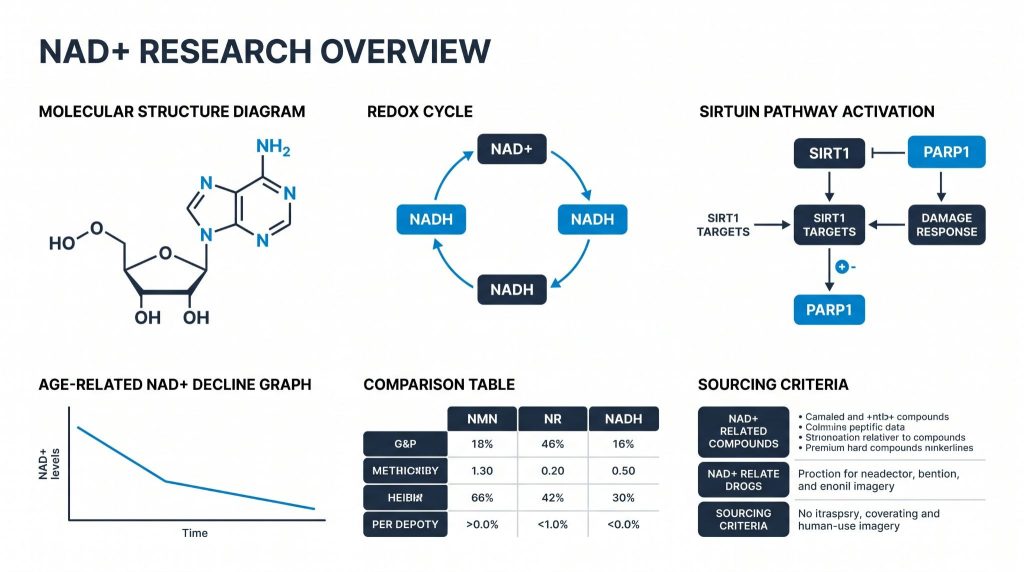 NAD+ cellular energy pathway research infographic, Next Level Pharm