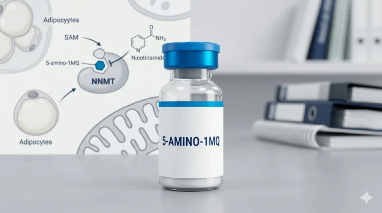 Diagram of 5-amino-1MQ small molecule binding to NNMT enzyme active site, blocking SAM methyl transfer to nicotinamide