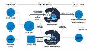 Infographic showing NNMT enzyme pathway: SAM donates methyl group to nicotinamide via NNMT, producing 1-methylnicotinamide, and how 5-amino-1MQ blocks this reaction at the nicotinamide-binding site