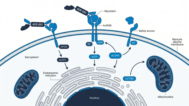 ACE-031 fusion protein binding myostatin in a research model, showing ActRIIB decoy receptor mechanism