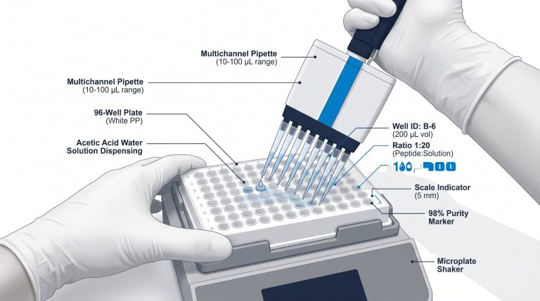 Lab bench setup showing acetic acid water solution prep for peptide prep research