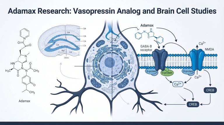 Diagram of Adamax molecular structure beside rat hippocampal slice illustration and GABA-B/NMDA receptor schematic