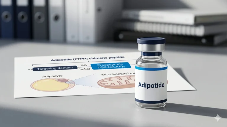 Diagram of Adipotide FTPP bifunctional chimeric peptide showing targeting domain linked to proapoptotic D(KLAKLAK)₂ domain via GG linker