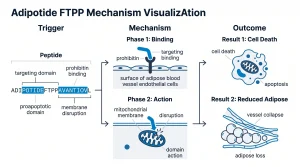 Infographic showing Adipotide FTPP mechanism: targeting domain binding prohibitin on adipose blood vessels, proapoptotic domain disrupting mitochondrial membrane to trigger cell death