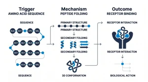 Infographic showing how amino acid sequence determines peptide primary structure, secondary folding, and receptor binding in research models