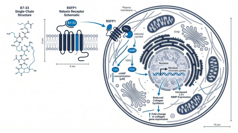 Diagram of B7-33 single-chain structure beside RXFP1 receptor schematic and fibroblast cell illustration