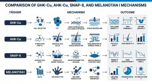 Comparison of GHK-Cu AHK-Cu SNAP-8 and Melanotan I mechanisms in skin hair follicle and pigmentation research
