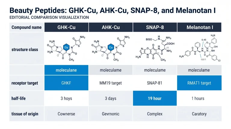 GHK-Cu AHK-Cu SNAP-8 and Melanotan I molecular structures side by side for beauty peptide research comparison