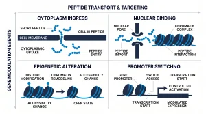 Infographic showing proposed bioregulator peptide mechanism: short peptide enters cell nucleus, binds chromatin, and modulates gene switch access at promoter sites