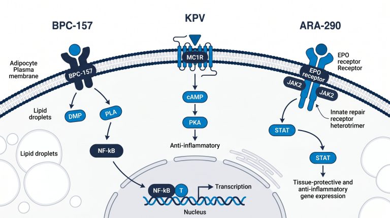 Diagram showing BPC-157, KPV, and ARA-290 receptor targets side by side in a cell signaling schematic with NF-kB, MC1R, and EPO receptor nodes