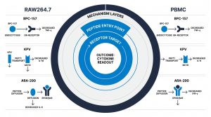 Side-by-side comparison of RAW264.7, Caco-2, and PBMC cell models showing peptide entry point, receptor target, and standard cytokine readout for BPC-157, KPV, and ARA-290 research