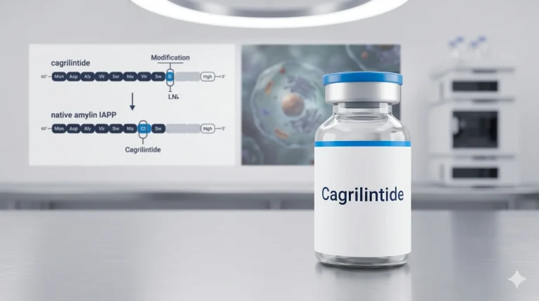 Research diagram showing the structure of cagrilintide versus native amylin IAPP, highlighting the C20 fatty acid modification at position K25
