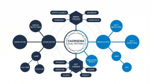 Infographic showing the dual receptor research pathway of CagriSema, with cagrilintide activating amylin receptors (cAMP/calcium) and semaglutide activating GLP-1 receptors (cAMP/PKA) in overlapping brain and gut tissues