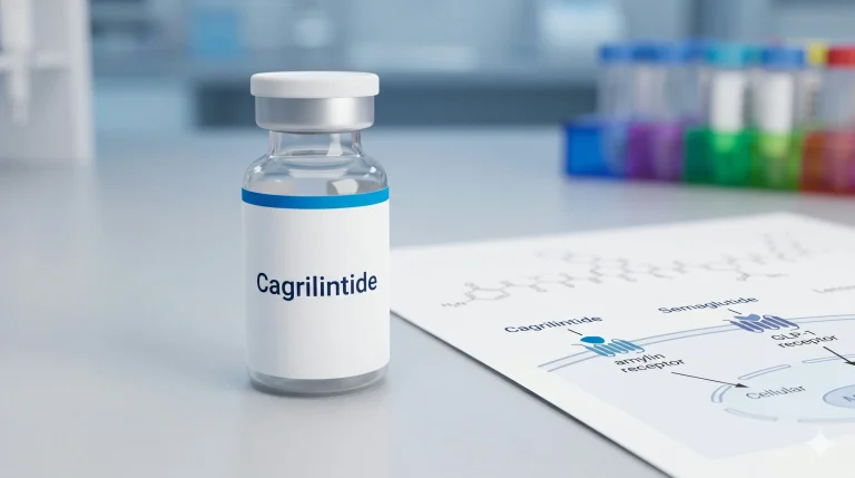 Research diagram showing CagriSema's two components: cagrilintide binding the amylin receptor (CTR-RAMP complex) and semaglutide binding the GLP-1 receptor in cell models