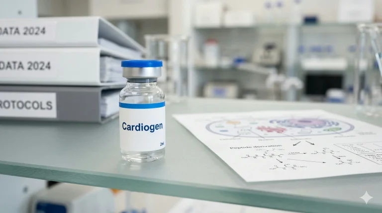 Diagram showing Cardiogen peptide derivation from cardiac muscle tissue fractions and its use in cell culture research models
