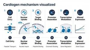 Infographic showing proposed Cardiogen mechanism: short peptide enters cell nucleus, binds chromatin near cardiac gene promoters, and modulates gene output in vitro