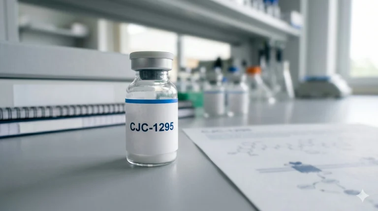 Research diagram showing the CJC-1295 DAC drug affinity complex covalently binding to albumin Cys-34 in plasma, extending the peptide half-life in animal models