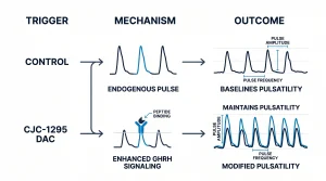 Infographic of GH pulse patterns in rodent models showing how CJC-1295 DAC maintains pulsatile GH release while increasing pulse amplitude and frequency versus control