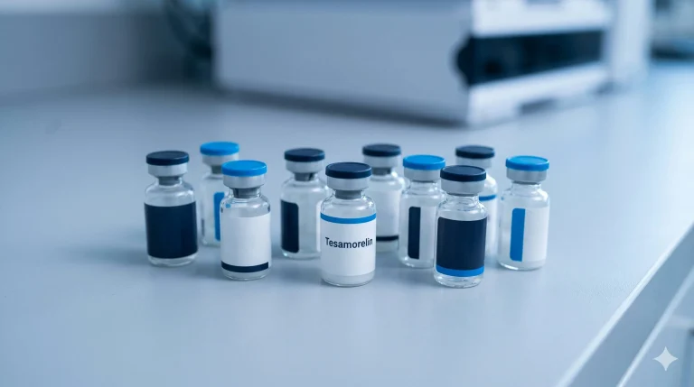 Research comparison chart of CJC-1295 No DAC, CJC-1295 with DAC, Sermorelin, and Tesamorelin showing amino acid length, half-life, and structural modification type in animal and cell models