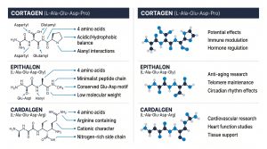 Side-by-side comparison of Cortagen, Epithalon, and Cardalgen tetrapeptide structures
