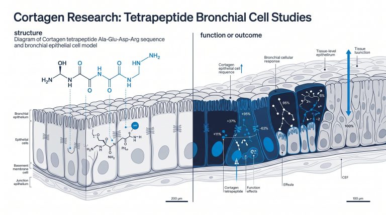 Diagram of Cortagen tetrapeptide Ala-Glu-Asp-Arg sequence and bronchial lining cell model