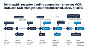 Dermorphin receptor binding comparison showing MOR DOR and KOR strength data from published assay studies