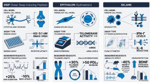Three-panel diagram comparing DSIP, Epithalon, and Selank cell models, assay types, and biomarker readouts
