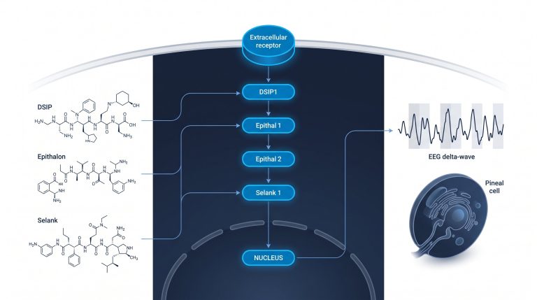 Diagram of DSIP, Epithalon, and Selank molecular structures beside EEG delta-wave trace and pineal cell illustration