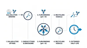 Infographic showing dulaglutide's FcRn recycling mechanism, with the IgG4 Fc fragment binding FcRn in the endosome to prevent lysosomal cleavage and extend plasma half-life