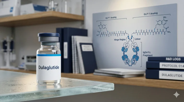 Research diagram showing the dulaglutide homodimer structure with two GLP-1 analog arms linked to an IgG4 Fc fragment via a short peptide connector