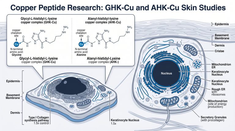 Molecular diagram comparing GHK-Cu (glycyl-L-histidyl-L-lysine copper complex) and AHK-Cu (alanyl-histidyl-lysine copper complex) structures showing the copper chelation site and N-terminal amino acid difference for lab reference