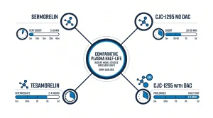 Infographic comparing the plasma half-life of Sermorelin, CJC-1295 No DAC, Tesamorelin, and CJC-1295 with DAC in rodent model studies, for research purposes only