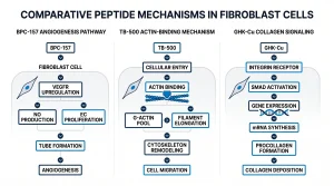 Infographic comparing BPC-157 angiogenesis pathway, TB-500 actin-binding mechanism, and GHK-Cu collagen signaling in fibroblast cells