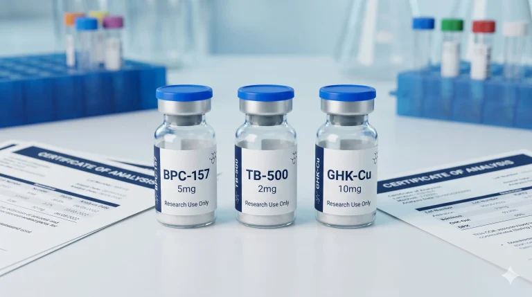 Three separate research-grade vials of BPC-157, TB-500, and GHK-Cu comprising the GLOW Stack with COA documents
