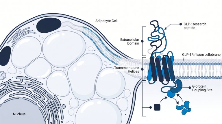 Diagram of the GLP-1 receptor (GLP-1R) structure showing the extracellular domain, transmembrane helices, and G-protein coupling site relevant to GLP-1 research peptide binding
